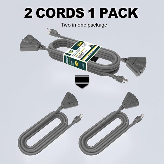 EP 2 Pack 15 Ft Outdoor Extension Cord with 3 Electrical Power Outlets - 16/3 SJTW Grey Cable with 3 Prong Grounded Plug for Safety Great for Christmas Lights, Garden and Major Appliances