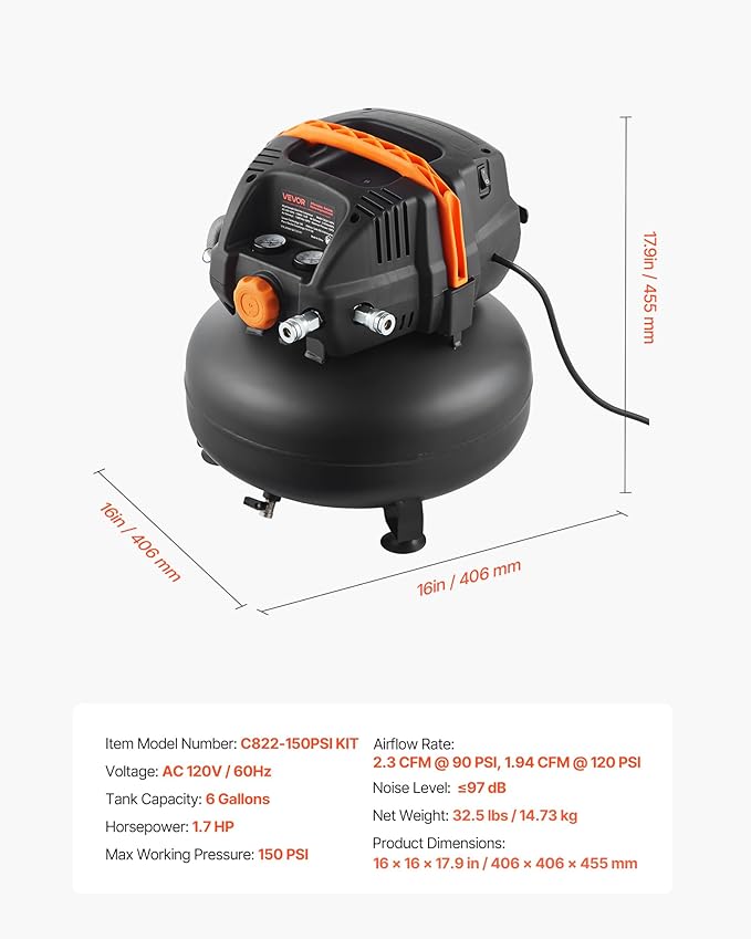 VEVOR 6 Gallon Air Compressor, 1.7HP 2.3CFM@90PSI Portable Pancake Air Compressor & 150PSI Max Pressure, 12-Piece Accessory Kit with 50FT Air Hose for Tire Inflation, Spray Painting, Woodwork Nailing