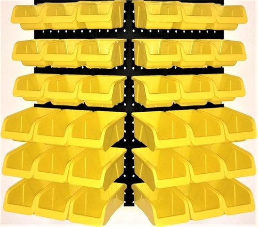 WALLPEG 36 Pack Pegboard Bin Kit – 18 Medium & 18 Large Yellow Peg Board Storage Bins | Parts Organizer for Garage, Workshop, Craft Room, Office & Workbench | Pegboard Accessory Organier | MADE IN USA