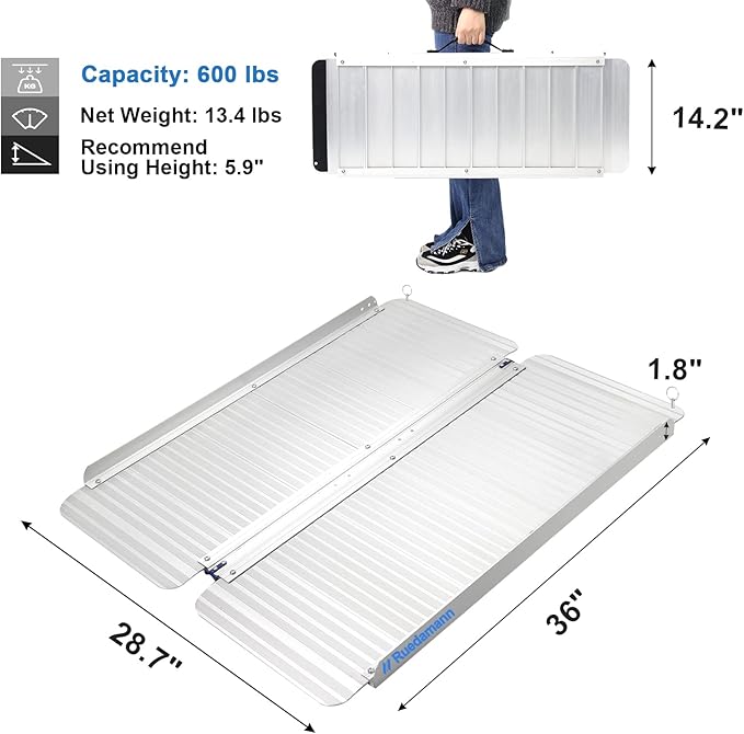 Ruedamann 3 FT Portable Wheelchair Ramp, Sturdy Non-Slip Aluminum Lightweight Scooter Ramp Upgraded Hinge, Folding Wheelchair Ramps for Doorways, Ramps for Wheelchairs for Home Steps, Porch, Scooters