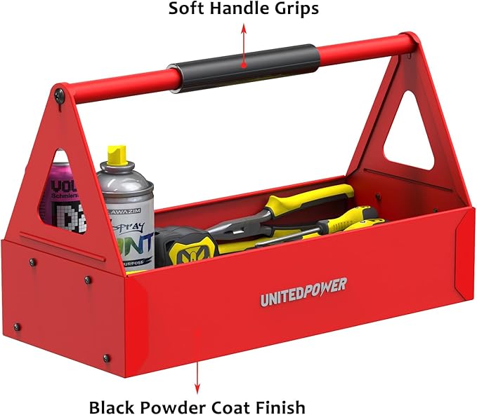 UNITEDPOWER Handy Tool Box, Portable Metal Tote Tray with comfortable grip handle, Tool Organization for Household, Warehouse, Repair Shop, Red