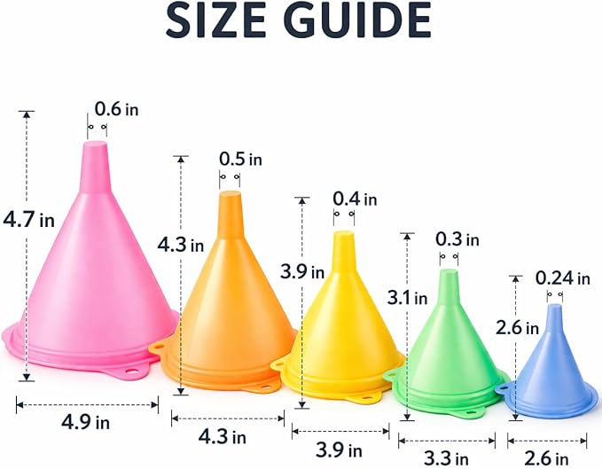 iSnuff Kitchen Funnel Set with 5 Sizes, Small to Large Plastic Cooking Funnel with Narrow Spout for Filling Bottles, Jars, Bowls, Spices, Powder Funnels, Essential Oils