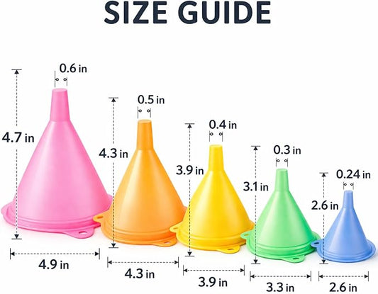 iSnuff Kitchen Funnel Set with 5 Sizes, Small to Large Plastic Cooking Funnel with Narrow Spout for Filling Bottles, Jars, Bowls, Spices, Powder Funnels, Essential Oils