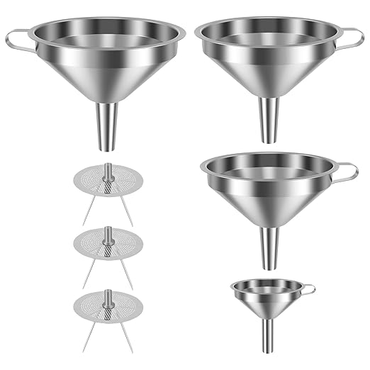 7 Pack Stainless Steel Funnel Set, 4 Sizes (5.91" 5.12" 4.33" 2.2") 304 Metal Kitchen Funnels with 3 Fine Mesh Strainers for Filling Bottles, Oil, Juice, Coffee, Milk, Tea