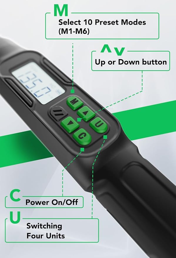 1/2-Inch Drive Digital Torque Wrench, 7.38-147.5 Ft-Lb, ±2% Accuracy with Buzzer and LED Alert, Suitable for Car, Motorcycle and Bicycle