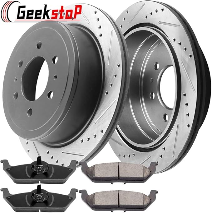 Rear Brake Rotors and Pads Kit Compatible with 2004-2011 Ford F-150, 2006-2008 Lincoln Mark LT Drilled and Slotted E-Coating Disc Brake Rotors Ceramic Brakes Pads