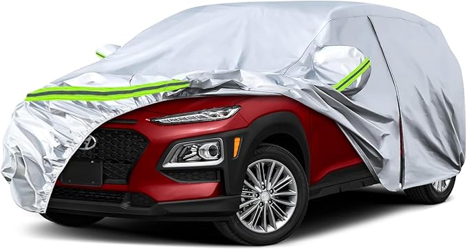 Waterproof Car Covers Replace for 2018-2025 Hyundai Kona, 6 Layers Silver All Weather Custom-fit Car Cover with Zipper Door & Windproof Bands for Snow Rain Dust Hail Protection