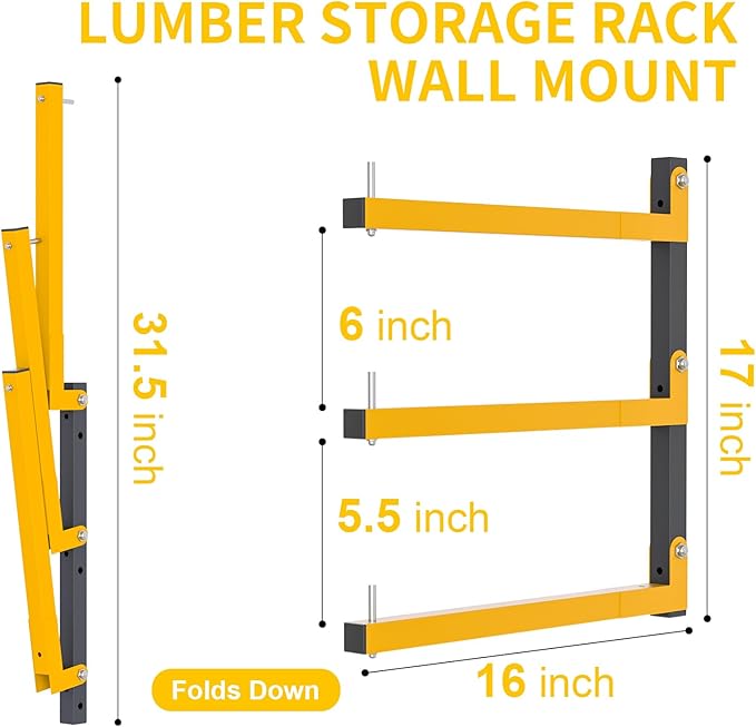 4 PACK Lumber Storage Rack Wall Mount Wood Organizer Storage Racks Heavy Duty Shelf Brackets with 6-Level System 720 LB Sturdy Folding Garage Wall Shelving, Snowboard Rack for Indoor and Outdoor