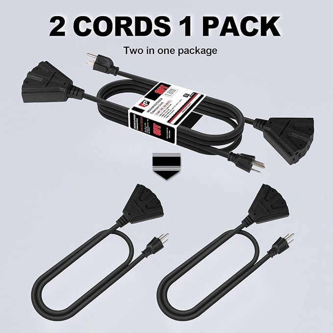 EP 2 Pack 6 Ft Outdoor Extension Cord with 3 Electrical Power Outlets - 16/3 SJTW Black Cable with 3 Prong Grounded Plug for Safety Great for Christmas Lights, Garden and Major Appliances