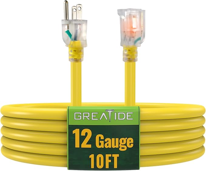Outdoor Extension Cord with Lighted End, 12 Gauge Heavy Duty 10 FT, 3 Prong Grounded 15 Amp Extension Cord, 12/3 SJTW Waterproof Power Cord for Appliance, UL Listed, Yellow