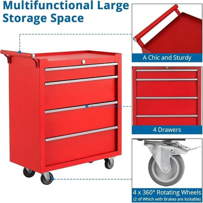 Professional Workstation Version 24" 4-Drawer Rolling Tool Chest - Lockable Storage Cabinet with Wheels for Workshop & Garage Organization