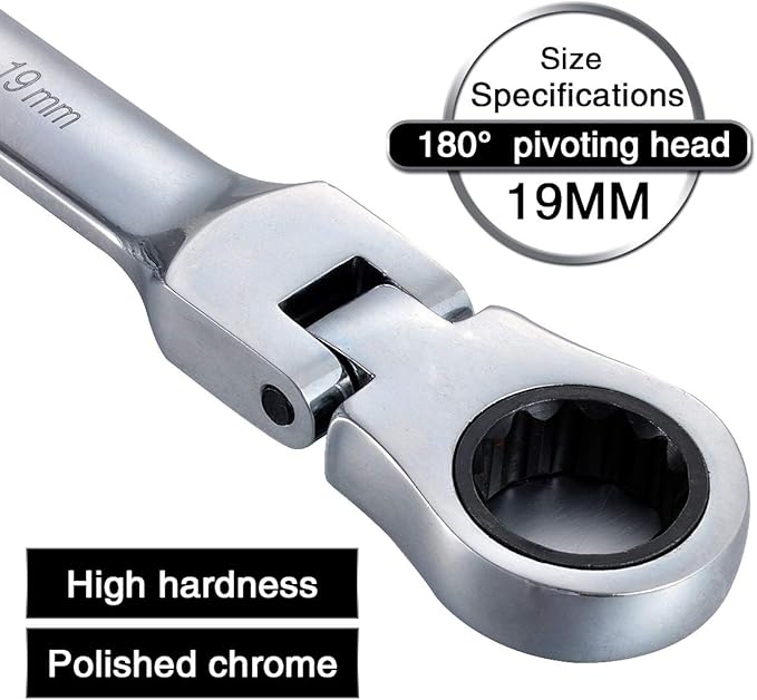KATUR 19mm Ratcheting Wrench Set Flexible Pivoting Head Ratchet Combination Spanner Wrench Chrome Vanadium Steel Metric Tool (19mm)
