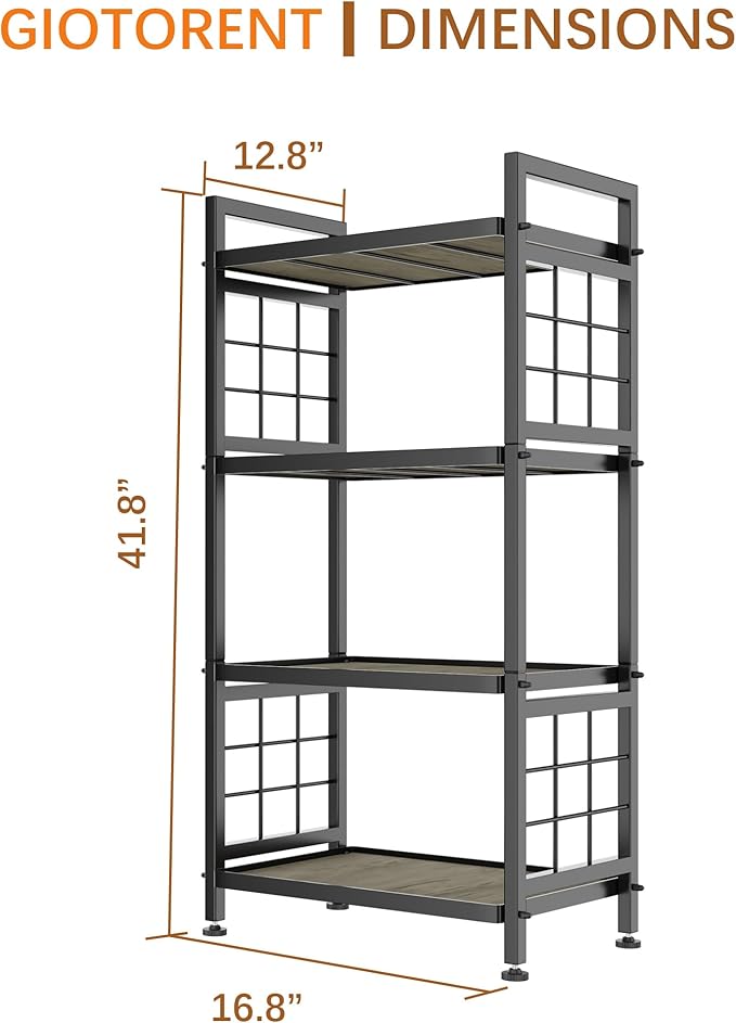 GIOTORENT 4-Tier Pantry Shelves with Wooden Boards, Heavy Duty Storage Shelves & Book Shelf, Adjustable Metal Shelving Unit for Kitchen Bathroom Laundry Organizer, Sturdy Rust-Resistant, Black