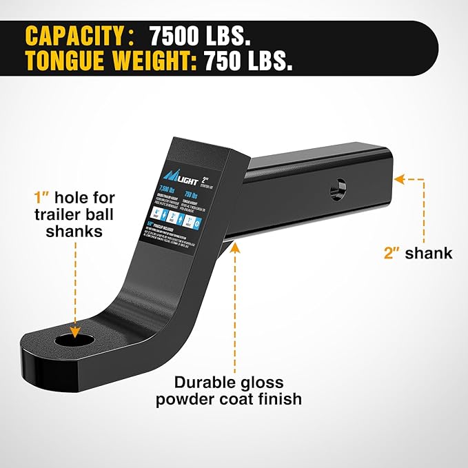 Nilight Trailer Hitch Ball Mount with 5/8" Hitch Pin Clip Fits 2 Inch Receiver Square 7500 lbs 4" Drop, 3” Rise, 1” Hole, Gloss Black Powder Coat