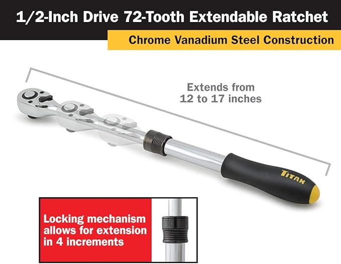 Titan 12074 1/2-Inch Drive x 12 to 17-Inch 72-Tooth Extendable Ratchet