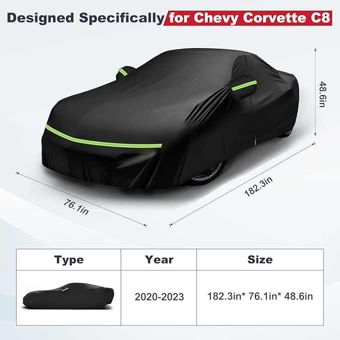 All Weather Car Cover for 2020-2025 Chevy Corvette C8, Waterproof Durable Tear Resistant Protection Heavy Duty Corvette C8 Car Cover with Straps, Zipper, and Storage Bag