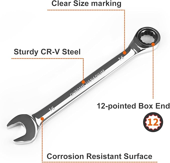 Egofine 16mm Ratcheting Combination Wrench Metric, Industrial Grade Gear Spanner with 12-Point Design, 72-Tooth Ratchet, Chrome Vanadium Steel