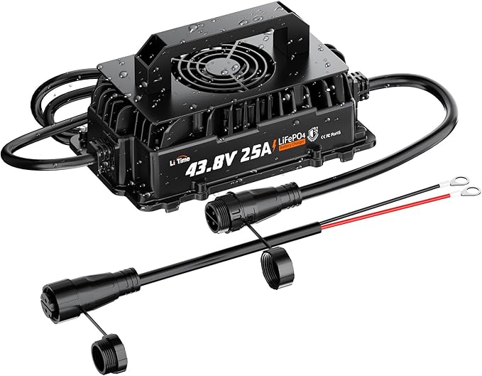 LiTime 36V 25A Lithium Battery Charger, IP65 Waterproof, Smart 43.8V LiFePO4 Charger for 38.4V Lithium Battery, Ideal for Golf Cart, RVs, Marine, Trolling Motor, with 0V Activation & LED Indicator