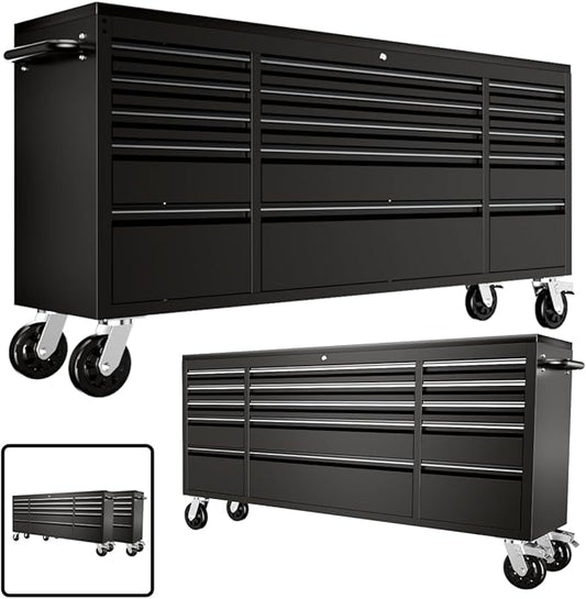 CHETTO C 72" Tool Cabinet Chest with 15 Drawers Mobile Rolling Workbench Large Tool Box Lockable Storage Cabinet with Wheels for Garage Workshop Black 2 Pack
