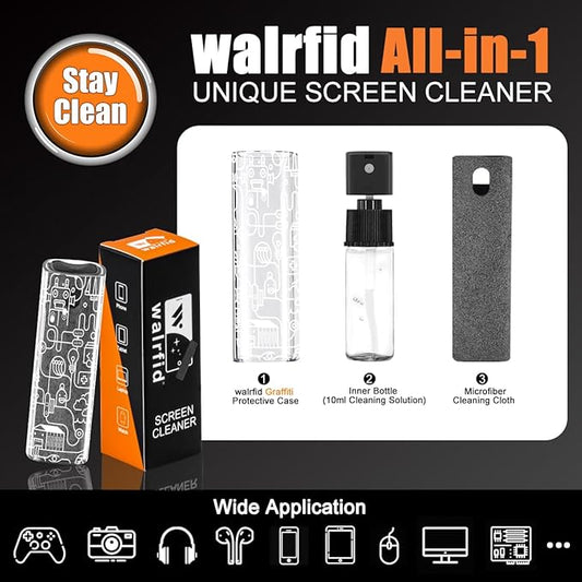 walrfid Car Screen Cleaner Spray and Wipe, Laptop Touchscreen Mist Cleaning Kit for Electronics Computer, iPad, CellPhone, MacBook, TV, Monitor, Tablet, Kindle Display, with White Graffiti Case - Grey