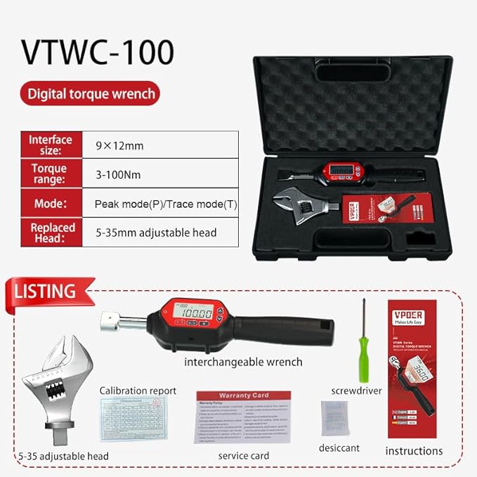Digital Torque Wrench 5-35mm open end head interchangeable 2.2-73.7 ft-lbs (3-100 Nm) (26.5-885 inch pound) with Buzzer & LED, replaceable head Calibrated