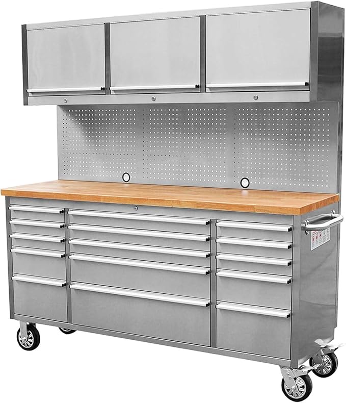 CHETTO C 72” Tool Chest Rolling with 15 Storage Drawers 3 Upper Cabinet Wheels Pegboard Workbench Easy to Operate and Store Stainless Steel