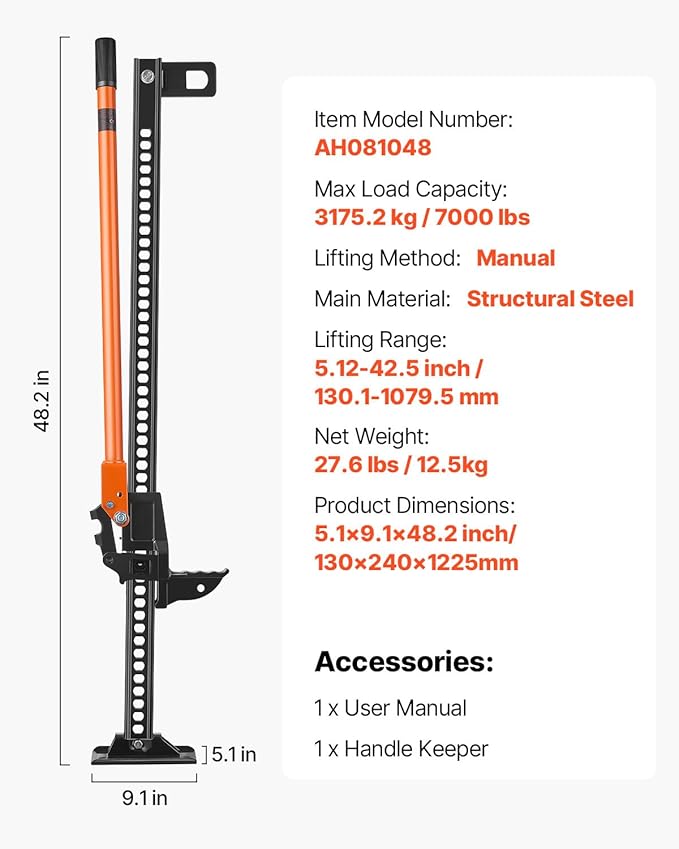 VEVOR Farm Jack 48 inch Utility High Lift, 7000 lbs Capacity Ratcheting Off Road Jeep Jack, Heavy for Tractor, Truck, SUV, Bumper Lift, Orange