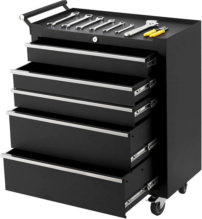 GarveeLife 6-Drawer Tool Box 24" Garage Tool Box with Key Lock and Removable Drawer Liners, Wheeled Design, Suitable for Garages, Warehouses, Workshops, and Repair Shops - Black