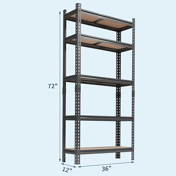 Garvee 5-Tier Utility Shelves, Metal Storage Shelves, Adjustable Shelving Units, Boltless Assembly, Garage Shelves Shed Shelving for Warehouse Garage Shed Basement,36 in W x 12 in D x 72 in H,Black