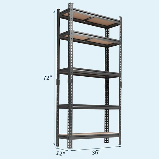 5-Tier Heavy Duty Adjustable Metal Storage Unit, 72" h x 35.5" w x 12" d, for Garage, Basement, Warehouse, Pantry, Closet, Kitchen, Black