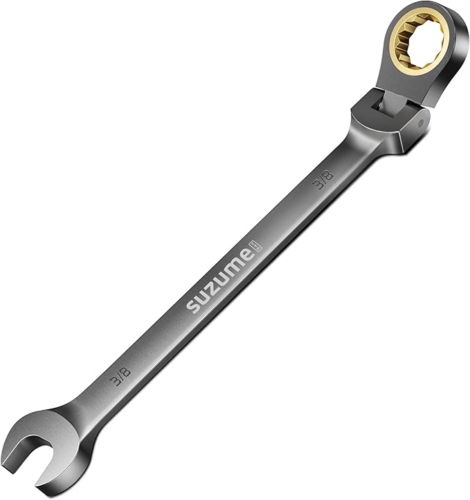 SUZUME 3/8” Flex Head Ratcheting Wrench SAE 72 Teeth Cr-V Steel with 180° Flexible Head 15K+ Cycle Locked Gears Black Nickel Coating