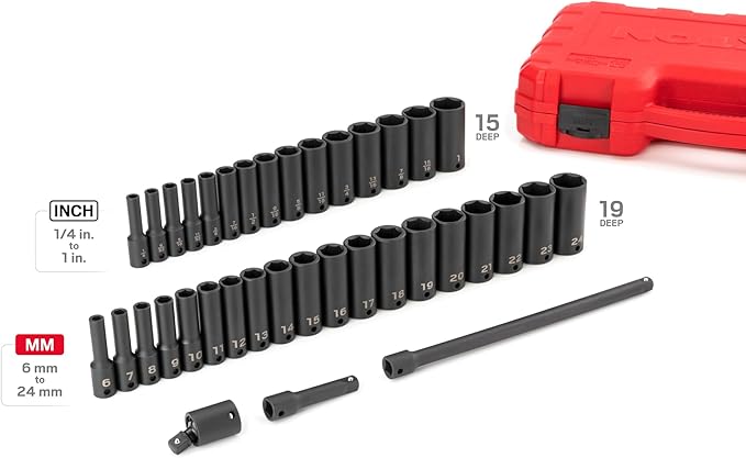 TEKTON 3/8 Inch Drive Deep 6-Point Impact Socket Set, 37-Piece (1/4-1 in., 6-24 mm) | SID91403