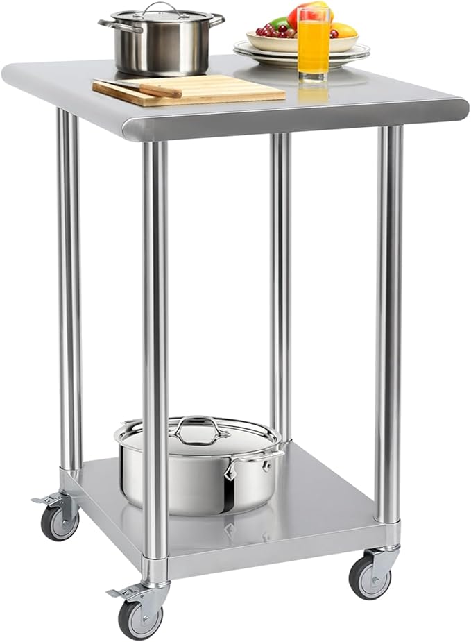 tonchean Stainless Steel Table with Wheels, 24x24 Inch NSF Kitchen Work Table with Adjustable Shelf, Heavy Duty Rolling Food Prep Tables for Home Restaurant