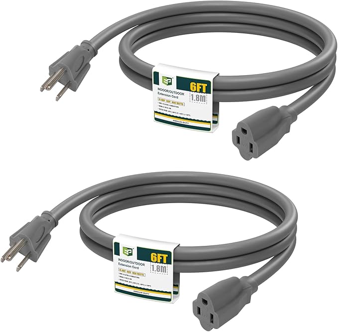 EP 2 Pack 6 Ft Outdoor Extension Cord, 16/3 SJTW Heavy Duty Power Cord, 3 Prong Grounded Plug, Waterproof, Cold-Resistant, 13A 1625W, Ideal for Indoor, Garden, Lawn, and Home Use Gray