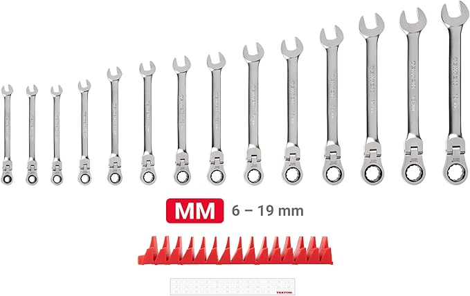 TEKTON Flex Head 12-Point Ratcheting Combination Wrench Set with Modular Organizers, 14-Piece (6-19 mm) | WRC95302