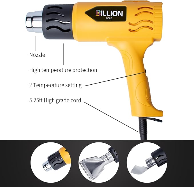 Heat Gun, BILLION GOLD 1800W Hot Air Gun 752℉-1112℉ with 2 Temperature Setting, Heat Gun for Crafting, Shrink Tubing, Paint Removing - 2 Nozzles