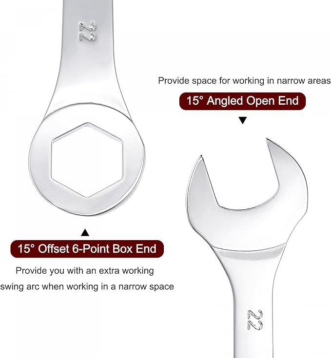uxcell Thin Combination Wrench with Offset 6-Point End and Angled Open End, Metric Mirror-Chrome Plated High Carbon Steel, for Household Repairs, 22mm