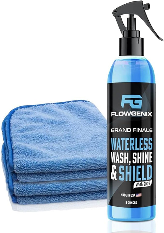 Flowgenix™ Waterless Car Wash Spray - Grand Finale - Motorcycle Cleaner & Car Wax Polish (8 oz) - Ceramic Coating - Incl. 2 Microfiber Towels - Quick Detailer Spray to Make Your Vehicle Shine