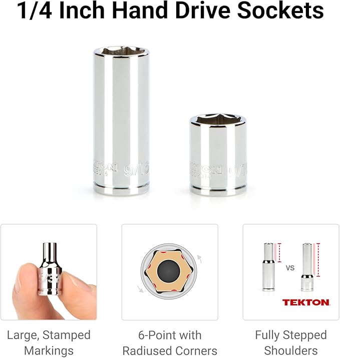 TEKTON 1/4 Inch Drive 6-Point Socket and Ratchet Set with Rails and Tray, 35-Piece (4-15 mm) | SKT03201
