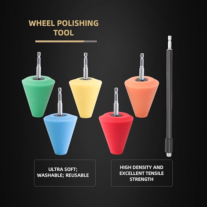 Polishing Cone, SPTA Car Wheel Hub Drill Buffing Sponge Pads Kit, Polishing Ball, 5 Pack Car Buffers and Polishers Kit, Attaches to Standard Household Drill