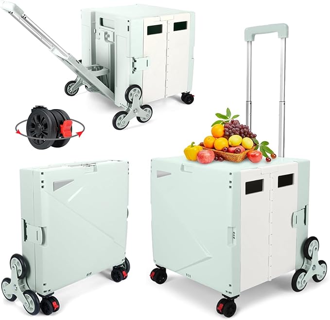 FELICON Folding Climber Utility Cart Rolling Crate Tote on Rotate Wheels with Adjustable Handle Hidden Lid Cup Holder Storage Bin for Teacher Office File Move Shop Travel Laundry Grocery(Green White)
