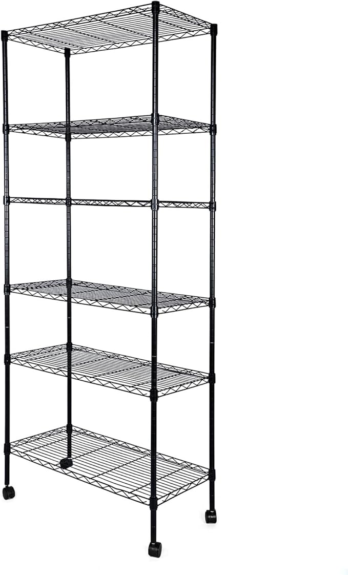 Simple Deluxe Heavy Duty 6-Shelf Shelving, 29.92'' D x 13.98'' W x 71.65'' H Adjustable Wire Shelving with Hanging Hooks and Wheels, Black