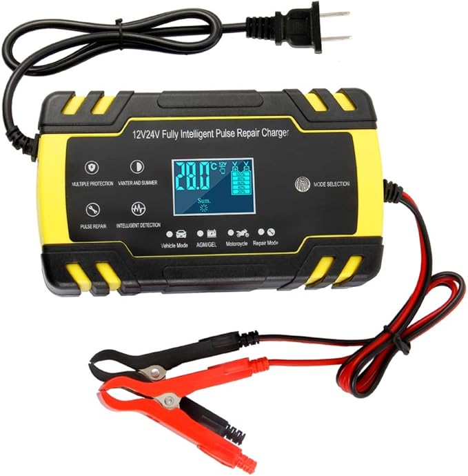Automatic Smart Battery Charger Car 12V/24V | Pulse Repair Charger with LCD Display | Intelligent Mode Overvoltage Protection Temperature Monitoring for Car, Truck, Motorcycle, Boat, SUV, ATV