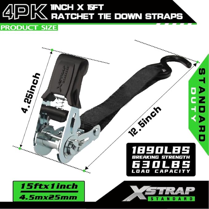 XSTRAP STANDARD 4 Pack 1" x 15' Ratchet Tie Down Straps - 630 Lbs Load Cap, 1890 Lbs Break Strength, Heavy Duty Cargo Straps for Moving, Truck & Motorcycle, Black