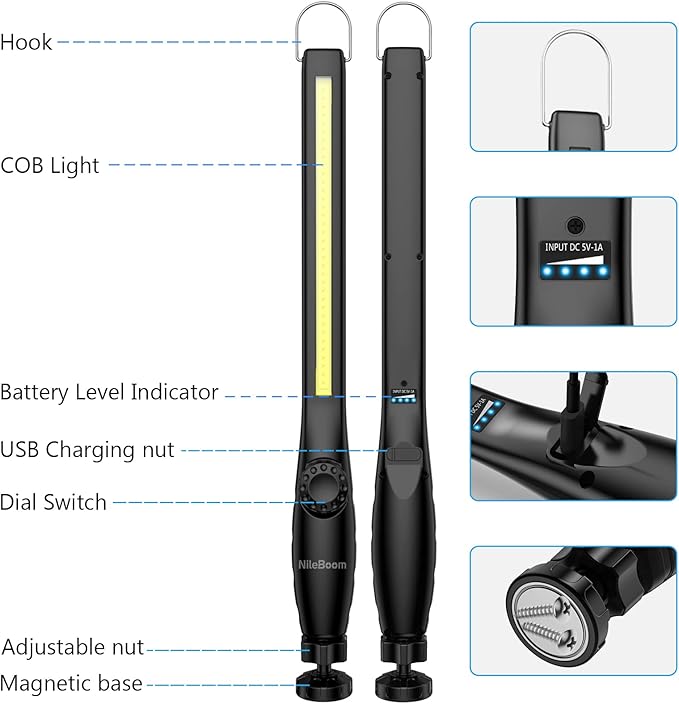LED Work Light, 800 Lumens Rechargeable COB Work Light with Power Capacity Indicator, Magnetic Base& Hook, 360°Swivel, for Car Repair, Home, Garage, Emergency and Outdoor Camping, 3200mAh