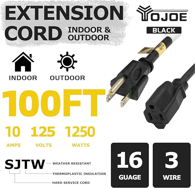 YOJOE Indoor Outdoor Extension Cord, 3 Prong 10A Weatherproof Power Cord, 16 Gauge Heavy Duty 100 ft Black Extension Cord for Garage, Garden and Home, 16/3 SJTW UL Listed