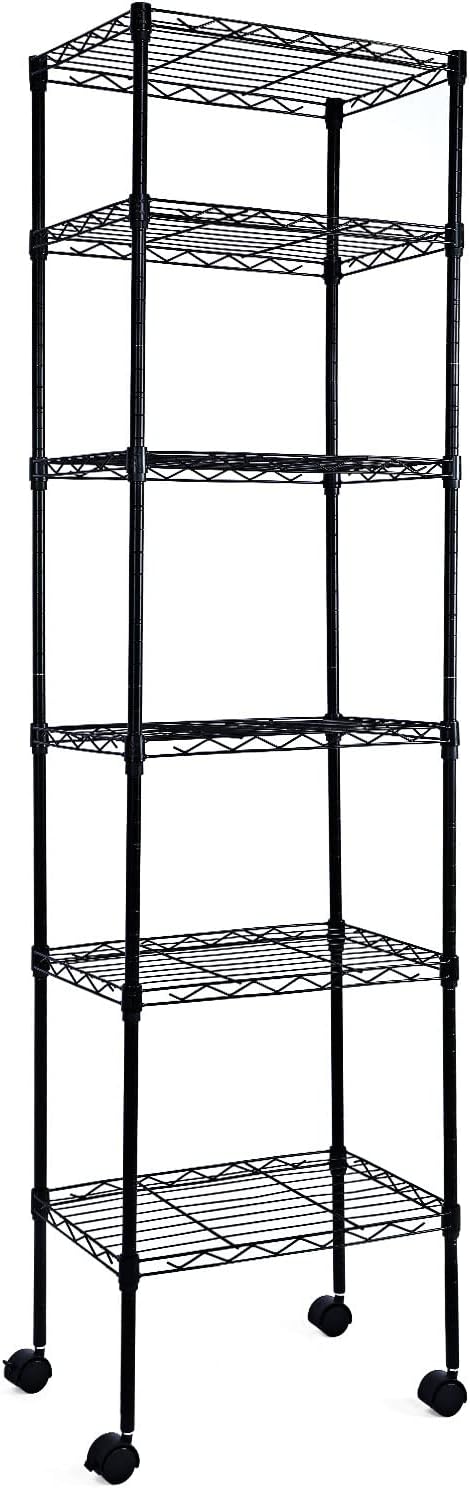 YSSOA Heavy Duty 6-Tier Storage Shelves, 17'' D x 11'' W x 63'' H Adjustable Shelving Unit with Wheels and Hanging Hooks, Black