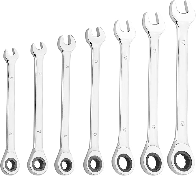KINJOEK 7 PCS 6 mm 7mm 8mm 9mm 10mm 11mm 13 mm Ratcheting Combination Wrenches Set Metric, 12-Point Design 72-Tooth Ratchet Gear Spanner