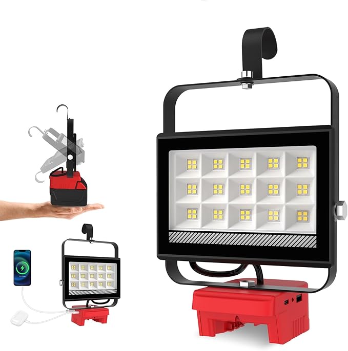 Cordless LED Work Light Compatible with Milwaukee 18V Battery, 60W 6000LM Flood Light, Flood Light Compatible with m18 Battery with USB & Type-C Charging and 140°Pivoting Head for Jobsite, Camping