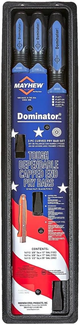 Mayhew Tools 14071BL Dominator Pro 3-Piece Pry Bar Set, 12", 17" & 25" Curved Pry Bars, Blue